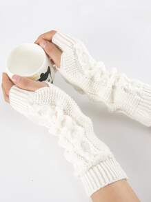 Plain Knitted Gloves - White - View 2