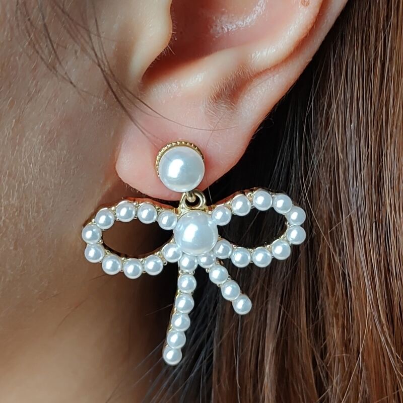 

Faux Pearl Bow Drop Earrings, White