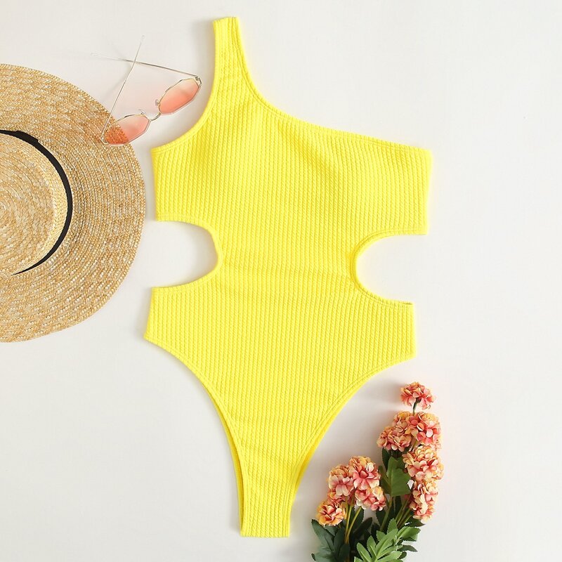 

One Shoulder Cut Out One Piece Swimsuit, Yellow