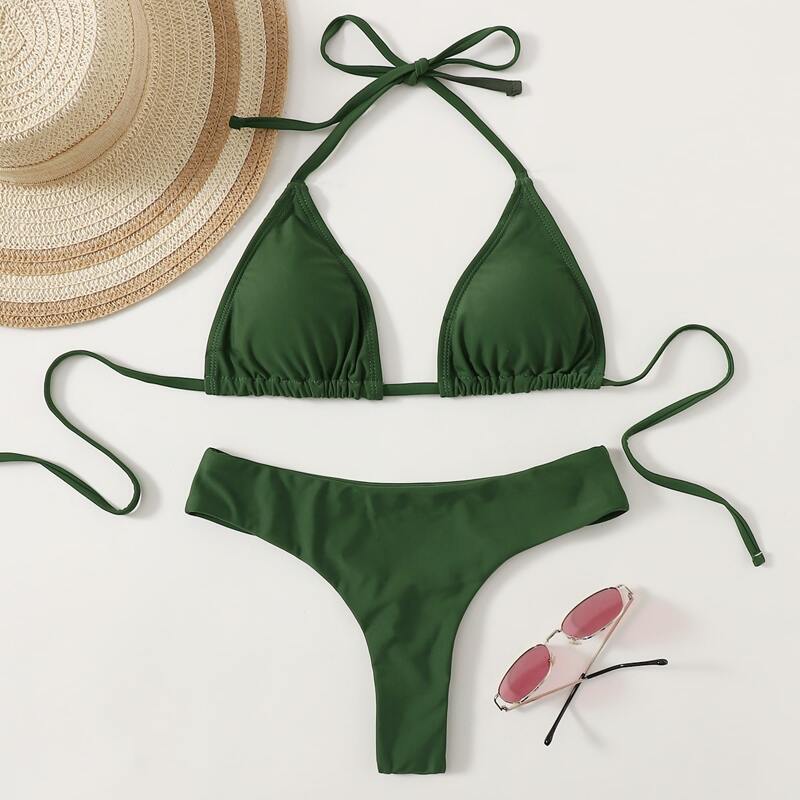 

Solid Triangle Bikini Swimsuit, Dark green