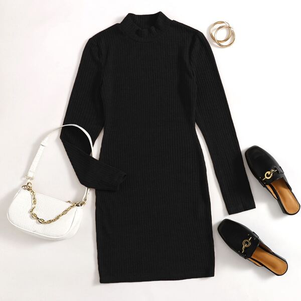 

Mock Neck Ribbed Bodycon Dress, Black