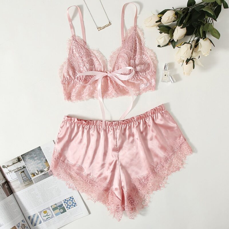 

Solid Lace Lingerie Set, Baby pink