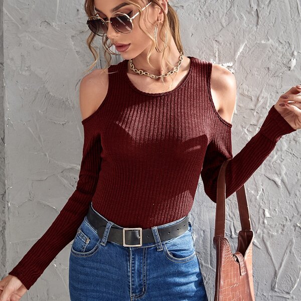 

Cold Shoulder Rib-knit Fitted Tee, Burgundy