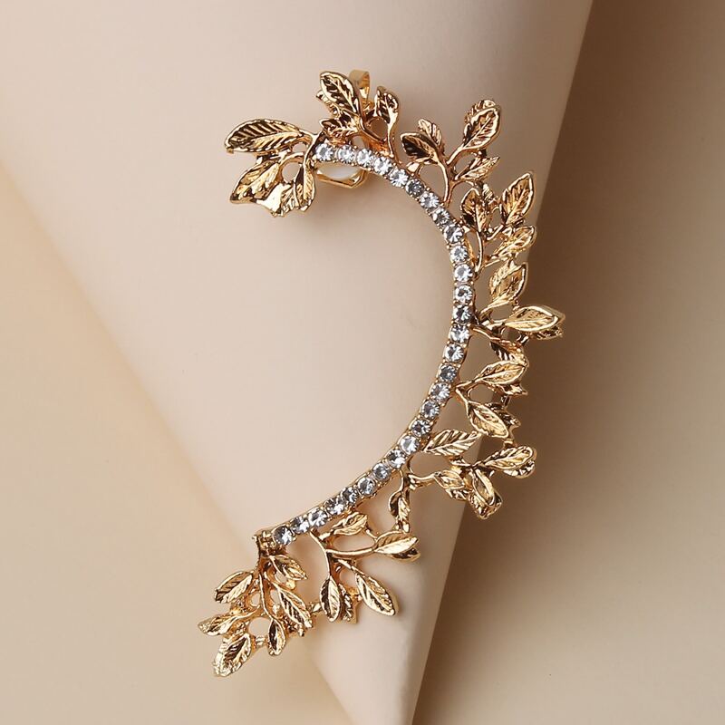 

1pc Rhinestone & Leaf Design Ear Climber, Gold