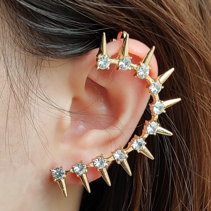 

1pc Rhinestone & Spike Design Ear Climber, Gold