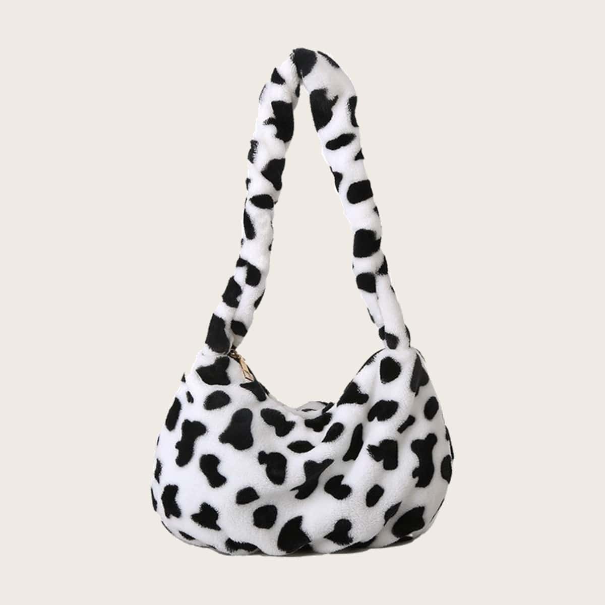 

Cow Print Fluffy Baguette Bag, Black and white