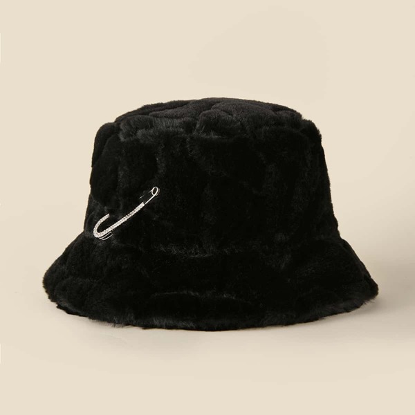 

Rhinestone Safety Pin Decor Bucket Hat, Black