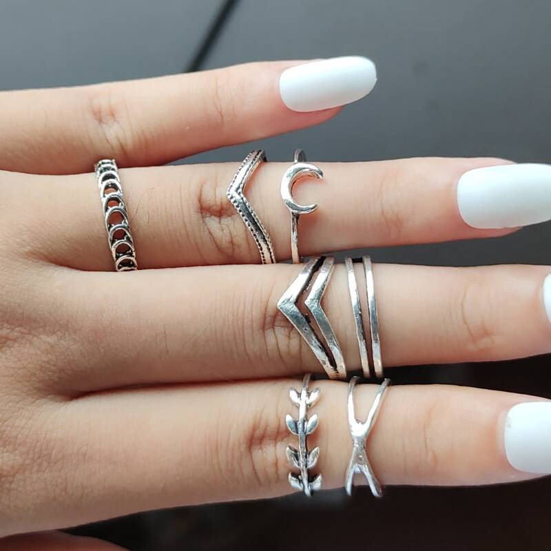 

7pcs Moon & Leaf Design Ring Set, Antique silver