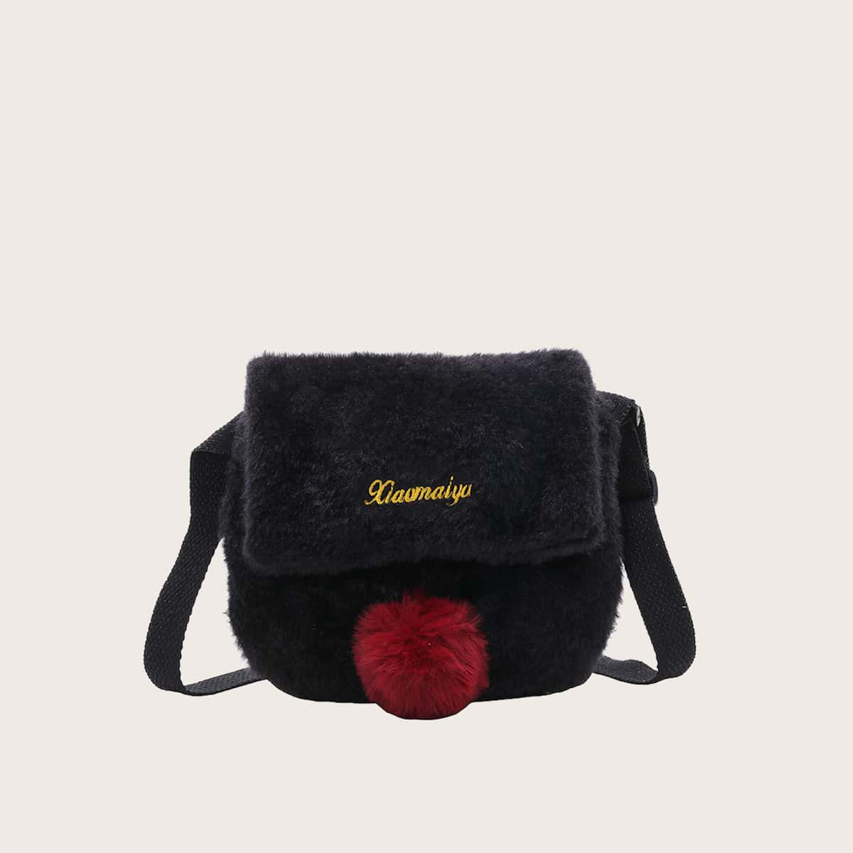 

Colorblock Pom Pom Fluffy Crossbody Bag, Black
