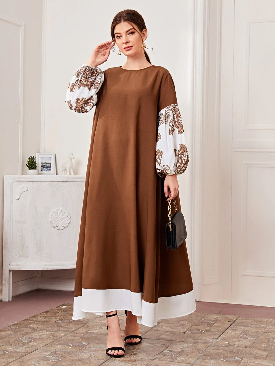 Seusyu Graphic Print Lantern Sleeve Tent Dress - Coffee Brown - View 1