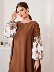 Seusyu Graphic Print Lantern Sleeve Tent Dress - Coffee Brown - View 5