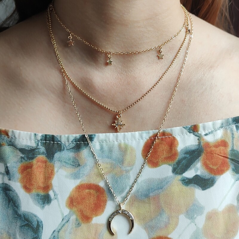 

Star & Moon Design Layered Necklace, Gold