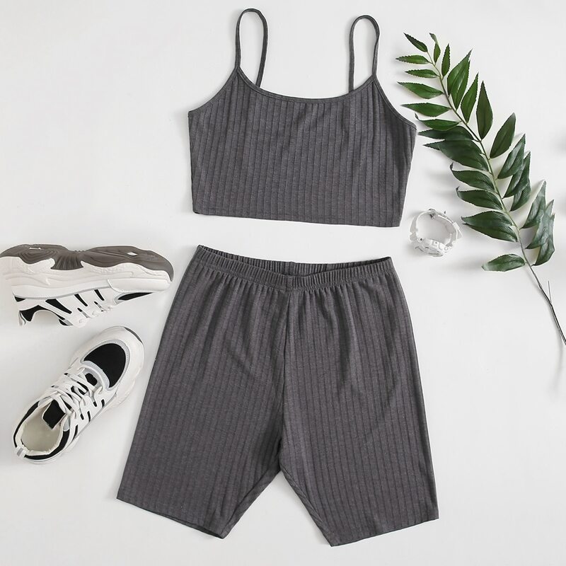 

Solid Ribbed Crop Cami & Shorts, Dark grey