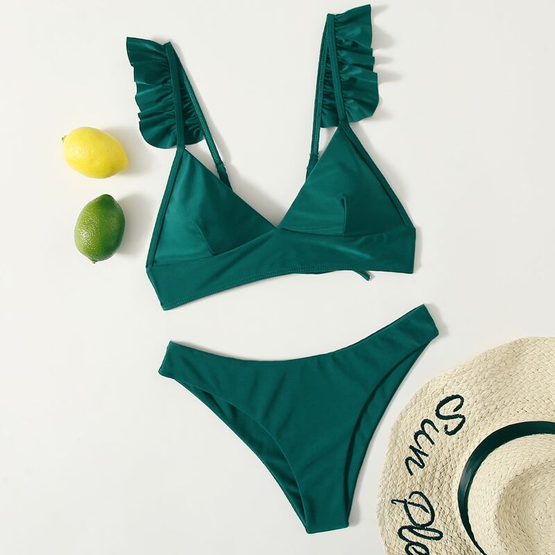 

Solid Ruffle Trim Bikini Swimsuit, Green