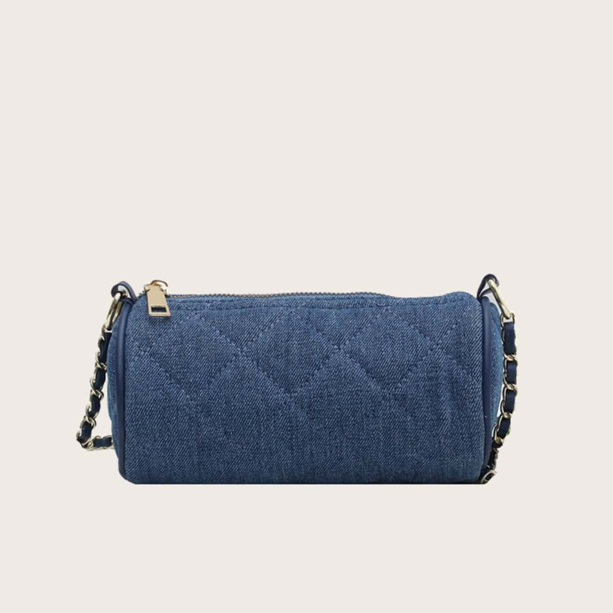 

Quilted Denim Cylinder Crossbody Bag, Blue