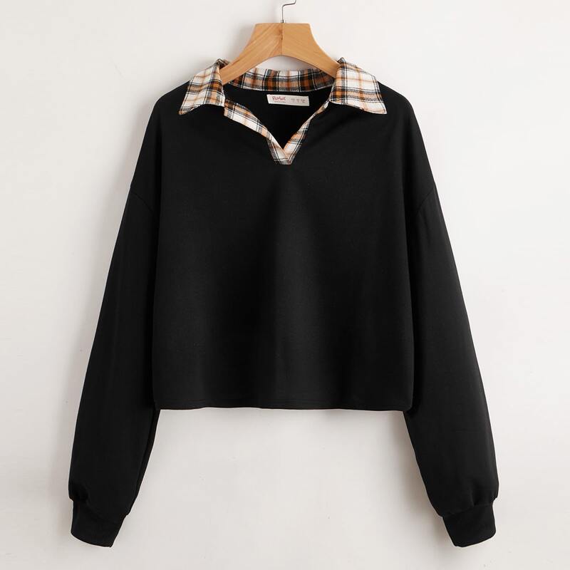 

Contrast Plaid Collar Sweatshirt, Black