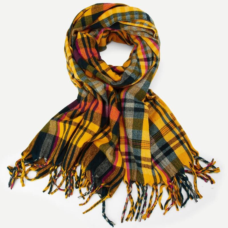 

Plaid Tassel Trim Blanket Scarf, Multicolor