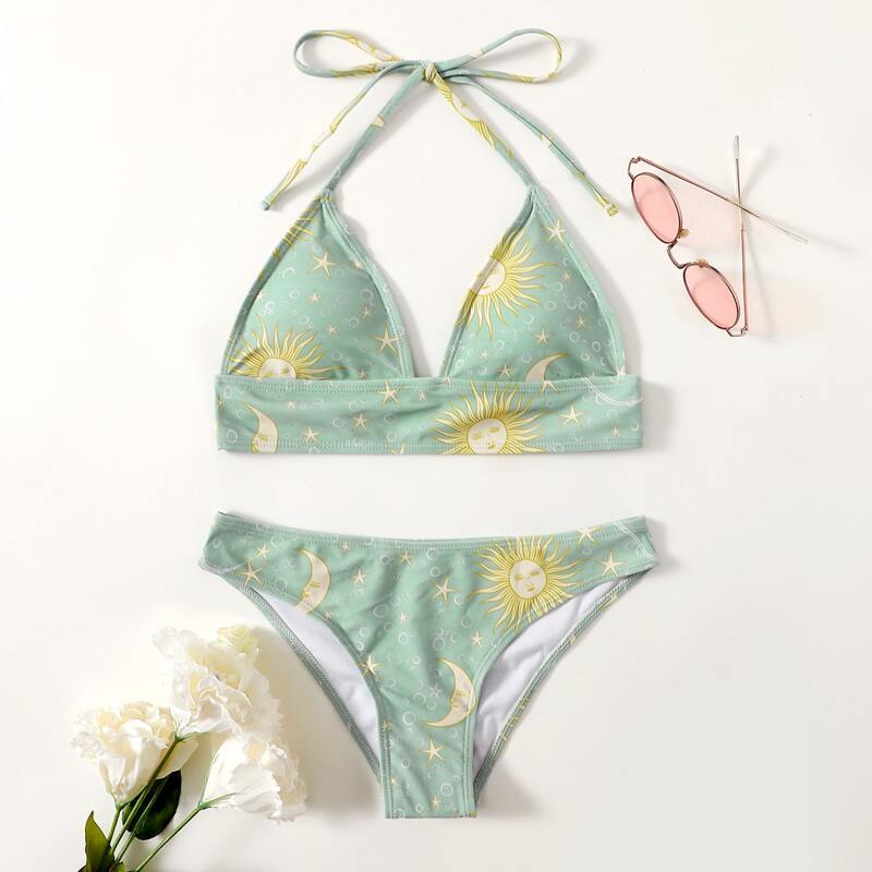 

Galaxy Print Halter Bikini Swimsuit, Multicolor