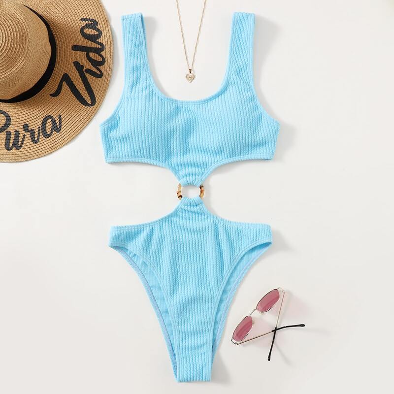 

O-ring Linked Cut Out One Piece Swimsuit, Baby blue