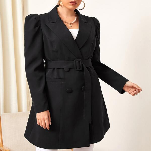 

Plus Gigot Sleeve Double Breasted Belted Blazer, Black