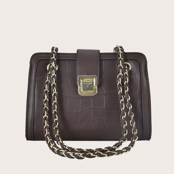 

Metal Lock Croc Embossed Shoulder Bag, Coffee brown