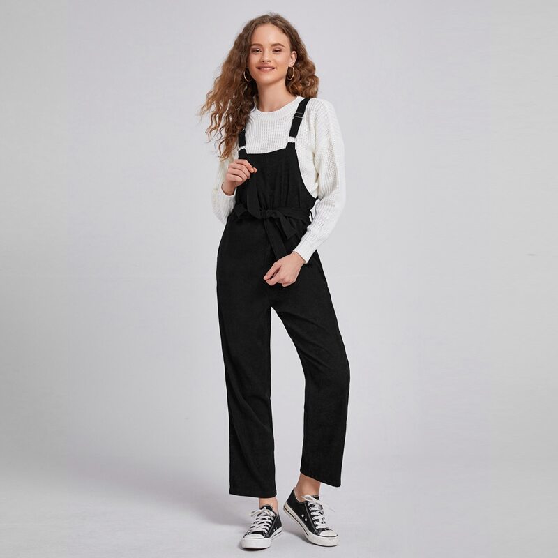 

Solid Corduroy Overall With Belt, Black