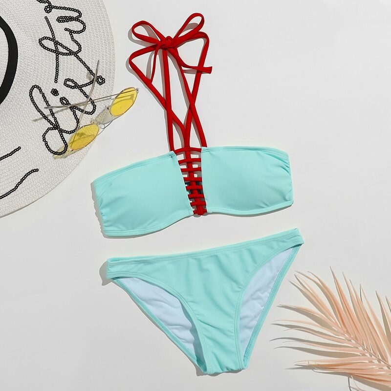 

Contrast Halter Cut Out Bikini Swimsuit, Blue