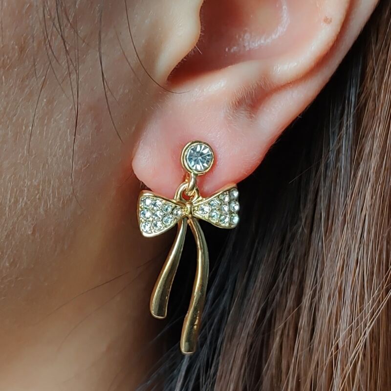 

Rhinestone Bow Design Drop Earrings, Gold