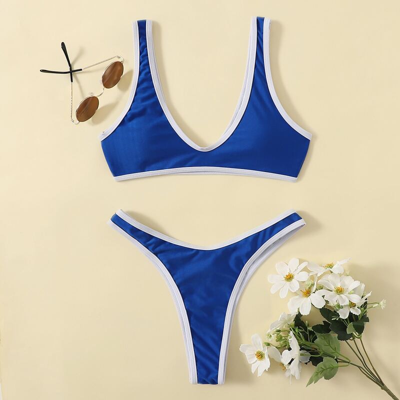 

Contrast Binding High Cut Bikini Swimsuit, Blue