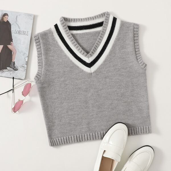 

Plus Striped Trim Sweater Vest, Grey