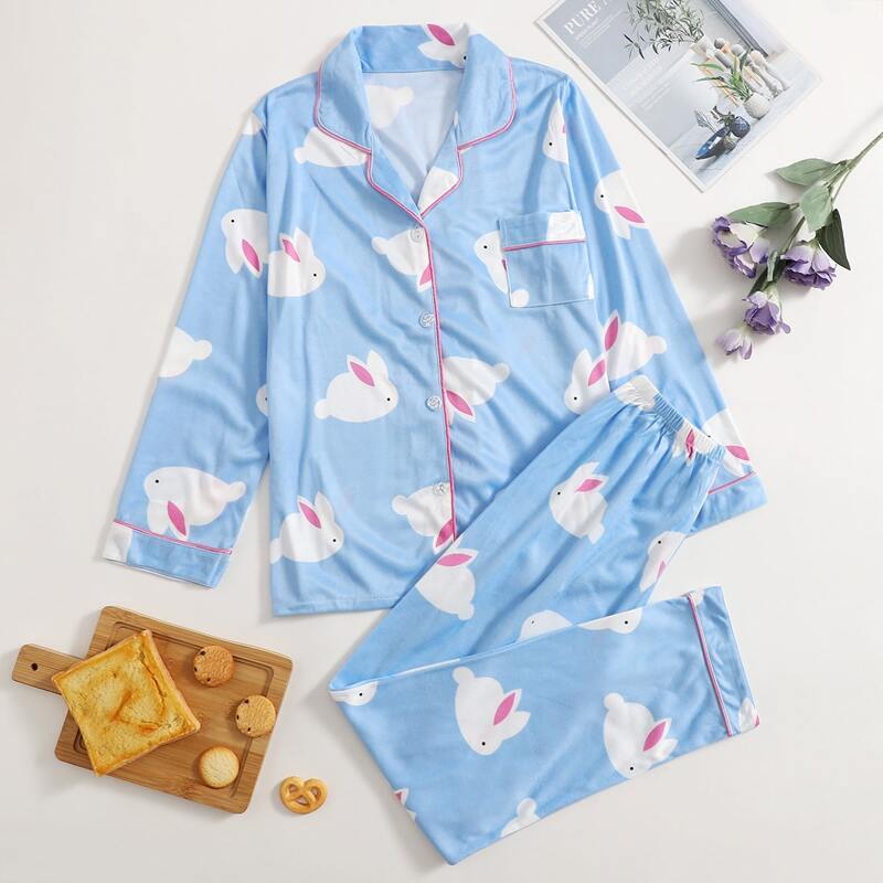 

Cartoon Print Pocket PJ Set, Baby blue