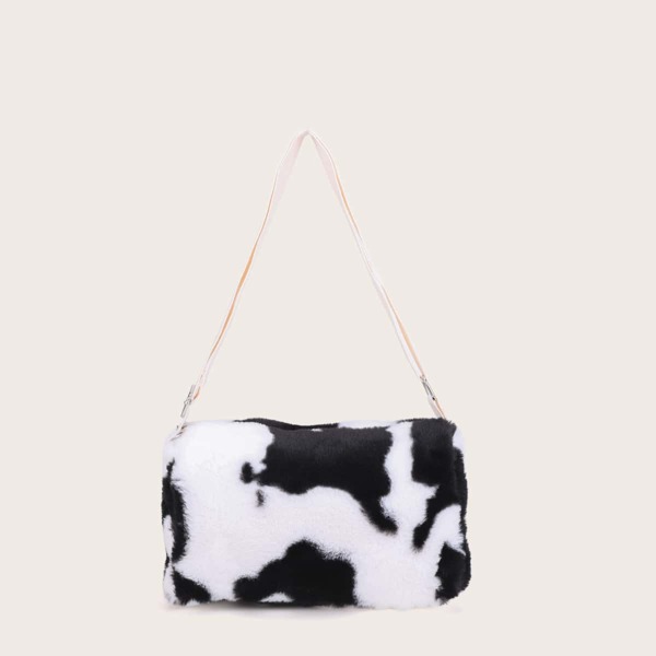 

Cow Pattern Fluffy Shoulder Bag, Black and white