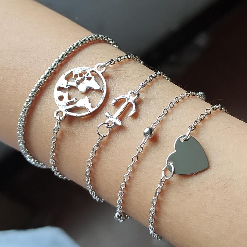 

5pcs Map & Anchor Design Chain Bracelet, Silver