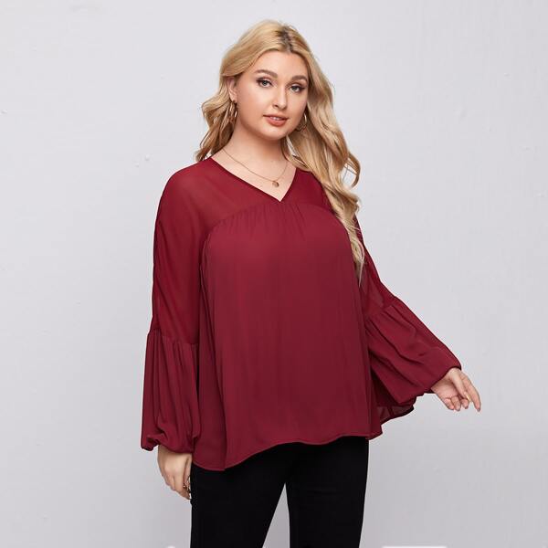 

Plus Lantern Sleeve Flowy Hem Top, Burgundy