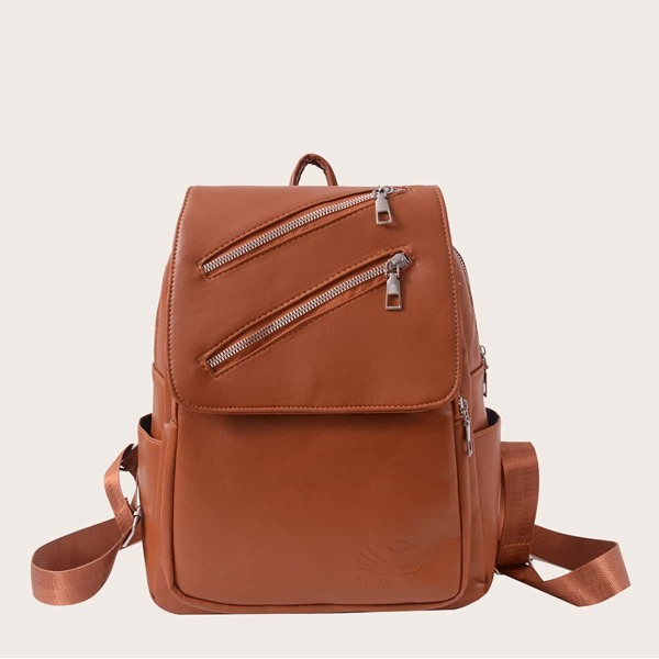 

Zip Decor Flap Backpack, Brown
