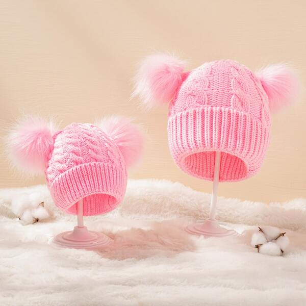 

2pcs Parent-toddler Kids Pom Pom Decor Beanie, Pink