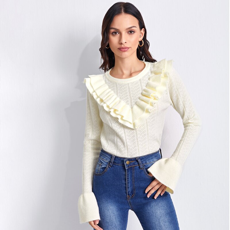 

Flounce Sleeve Ruffle Trim Sweater, Beige