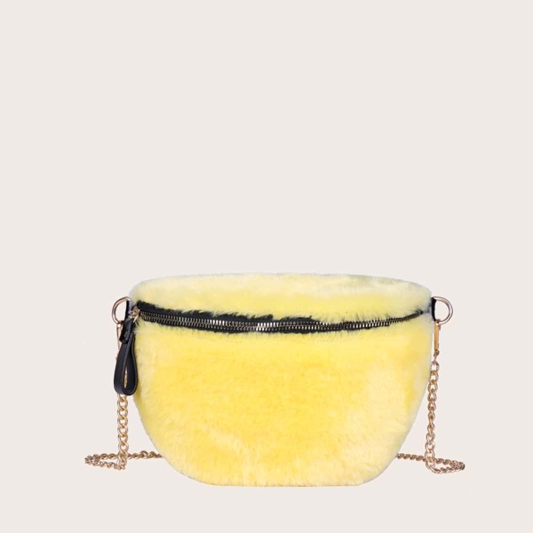 

Zip Front Fluffy Chain Crossbody Bag, Yellow