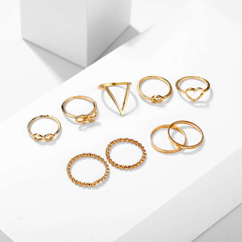 

9pcs Heart & Triangle Shaped Ring Set, Gold
