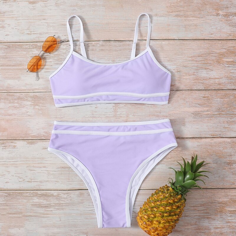

Contrast Binding High Waist Bikini Swimsuit, Lilac purple