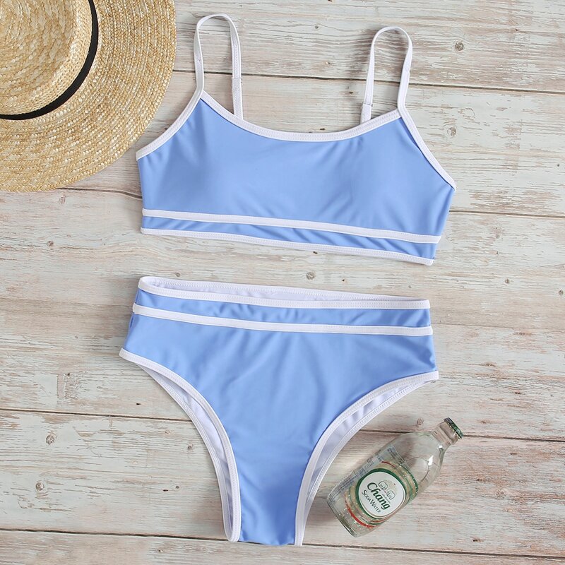 

Contrast Binding High Waist Bikini Swimsuit, Baby blue