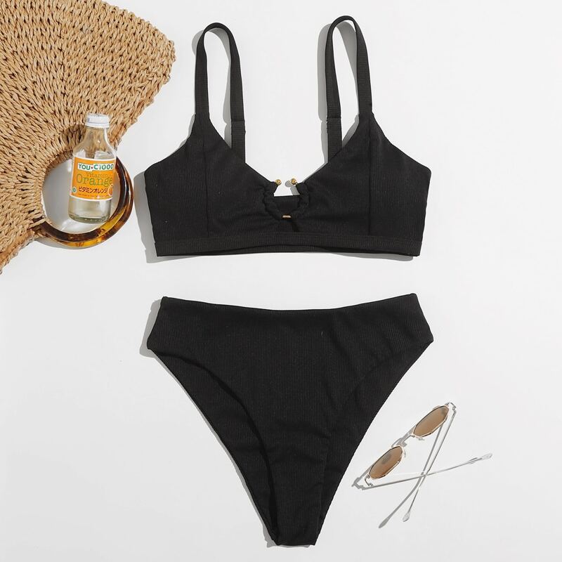 

Solid High Waist Bikini Swimsuit, Black