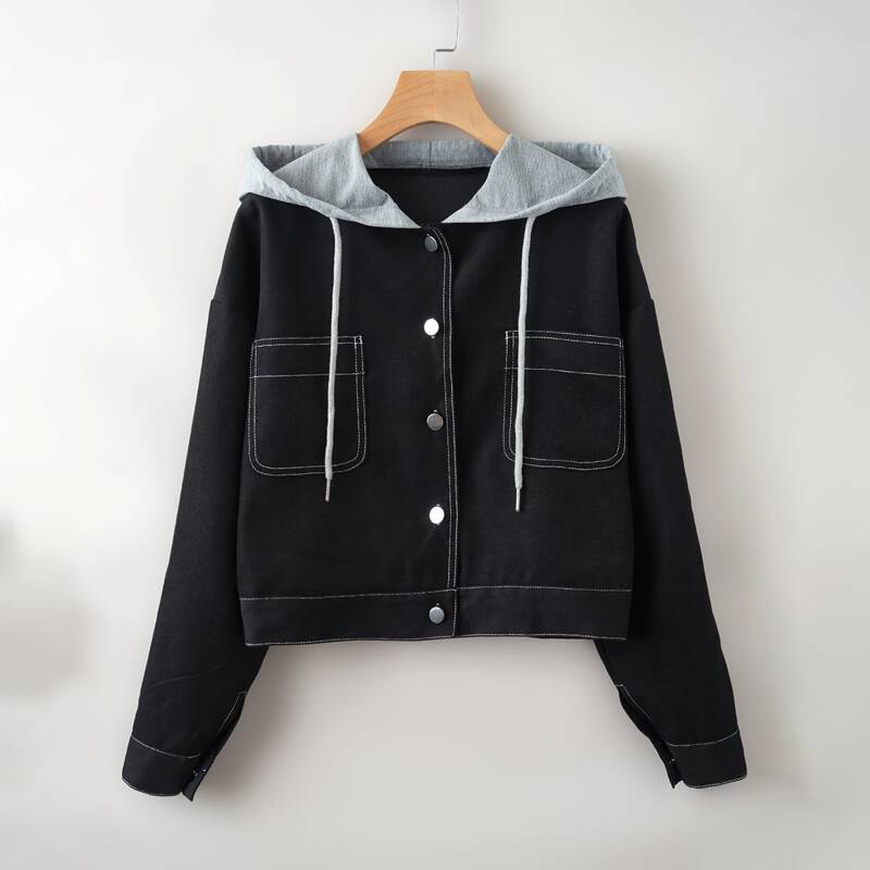 

Contrast Stitching Button Front Jacket, Black