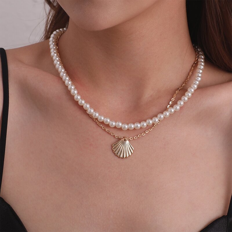 

Shell & Faux Pearl Beaded Layered Necklace, Gold