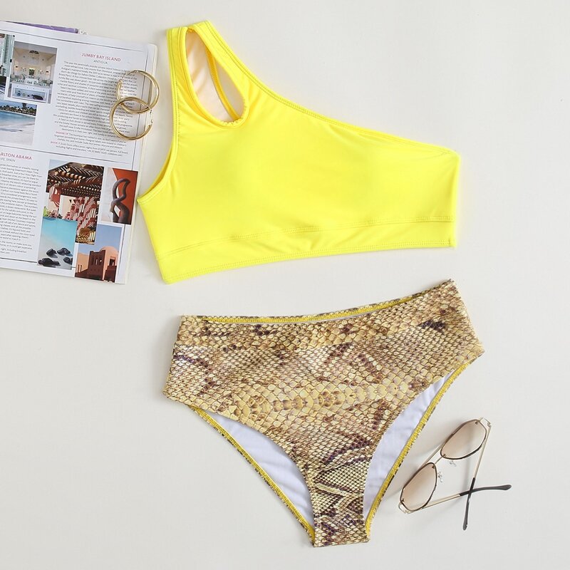 

One Shoulder Snakeskin Bikini Swimsuit, Multicolor