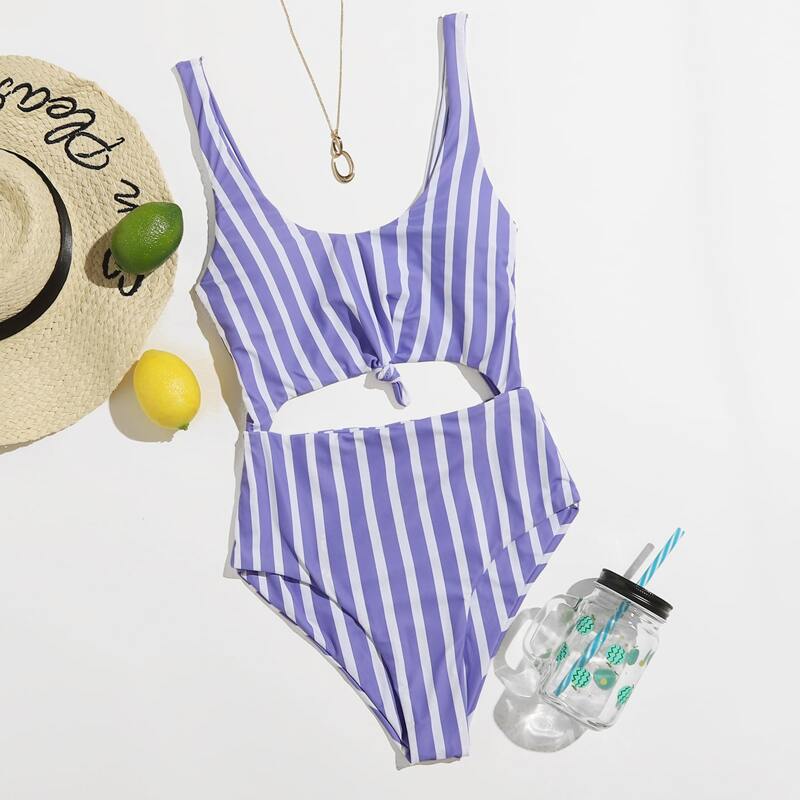 

Striped Cut Out One Piece Swimsuit, Lilac purple