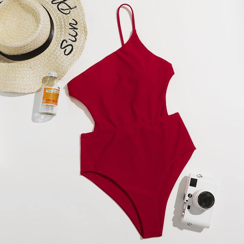 

Solid One Shoulder Cut Out One Piece Swimsuit, Burgundy