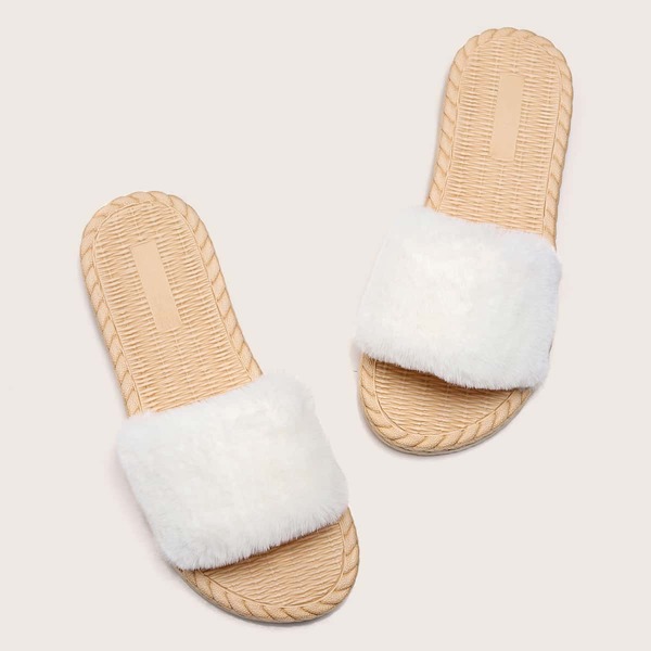 

Faux Fur Decor Non-slip Slides, White