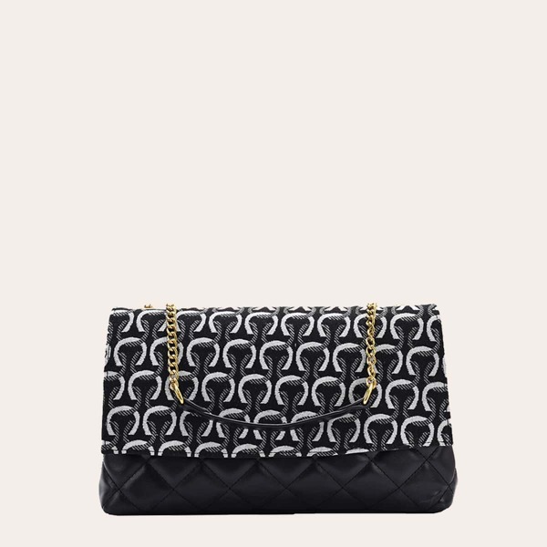 

Quilted Graphic Chain Shoulder Bag, Black