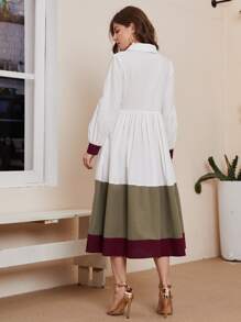 SHEIN Bishop Sleeve Colourblock Dress - White - View 2